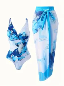 Women's V Neck Blue Print One-Piece Swimsuit and Matching Cover Skirt Set Summer Swimdress Swimming White Bathing Suit Stylish Beachwear
