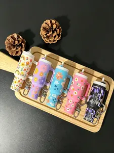 6 Piece Mini Stanley Insulated Cup Keychains, Cute Floral Print Lip Balm Holder, Portable Bag Accessory, All over Print Design