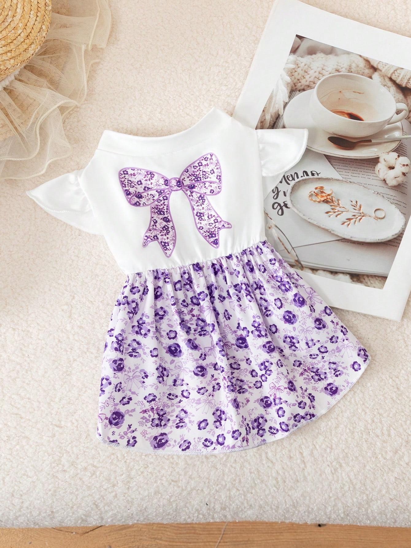 Pet Clothes Dog Cat Dress Bow Purple Flying Sleeve Yorkshire Terrier Maltese Teddy Bichon Bear Pomeranian Bulldog For Daily Use A169
