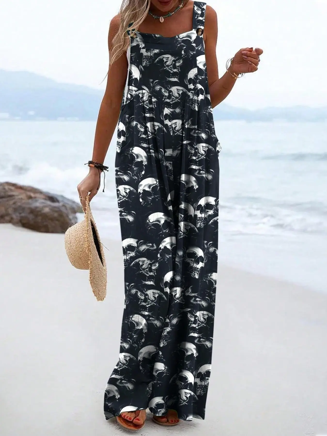 Plus Size Women's Skull Print Strap Sleeveless Wide Leg Pants, American Vintage Casual Loose Baggy Overall, Beach Vacation Everyday Daily Wear Aesthetic Womenswear