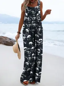 Plus Size Women's Skull Print Strap Wide Leg Pants, American Vintage Casual Loose Overall, Beach Vacation Daily Wear Aesthetic Womenswear