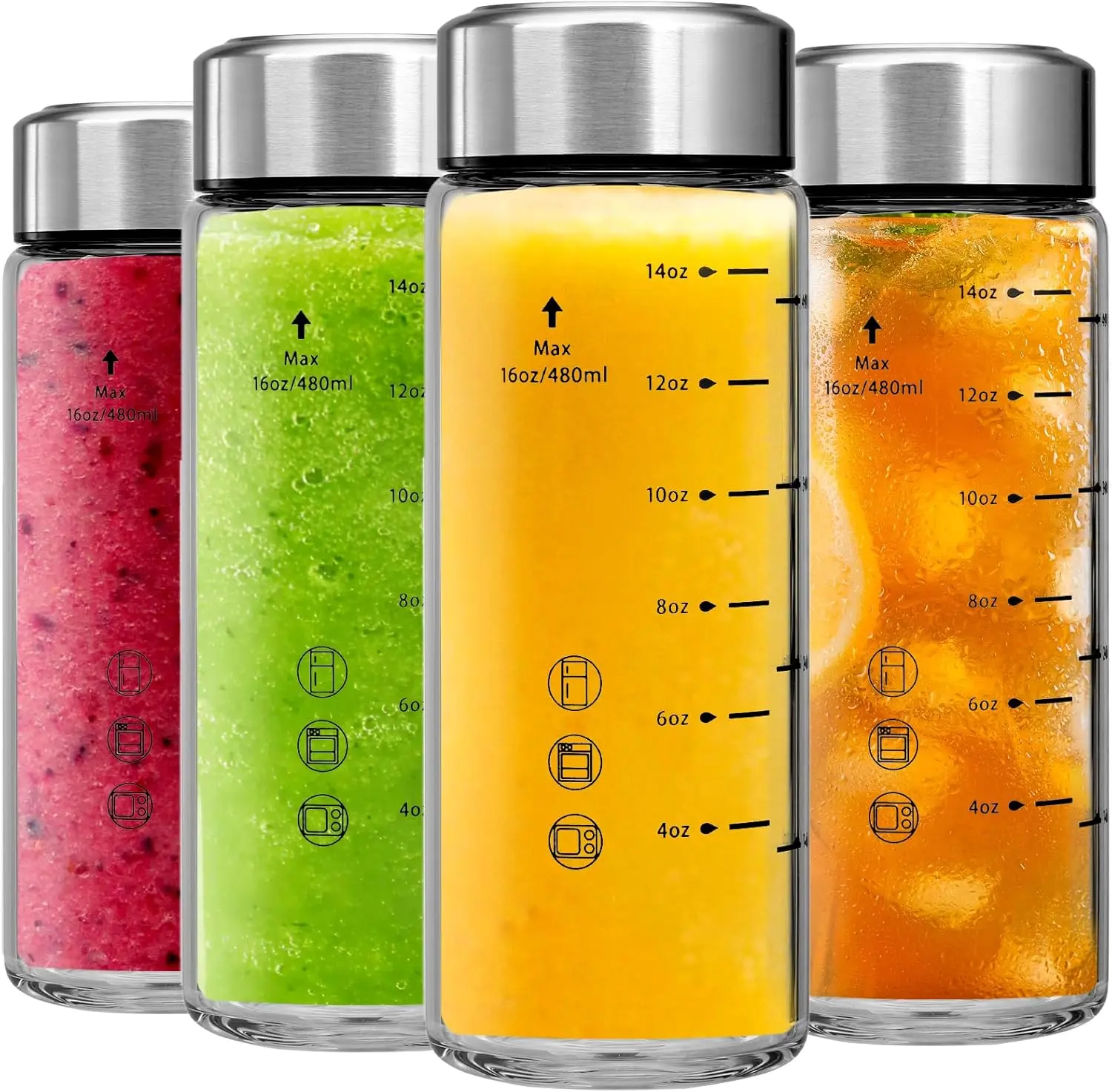 Glass Juice Bottles 4 Pack 16 oz - Wide Mouth Glass Water Bottles with  - Borosilicate,Stainless Steel  for Juicing, Smoothies, Infused Water, Beverage Storage, Leakproof, ,