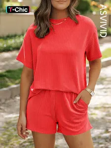 Women's Solid Soft Twisted Ribbed Knit Textured Pocket Shorts Set, Casual Short Sleeve T-shirt & Elastic Waist Shorts, Ladies Summer Clothes for Daily Wear