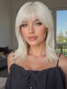 16 Inch Medium Straight Wig with Bangs, Light Synthetic Fiber, Natural Look, Easy Care, Suitable for Work, Life, Parties, Cosplay