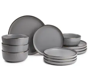 12-Piece Square Clear Glass Dinnerware Set, Gray Bowls Cutlery