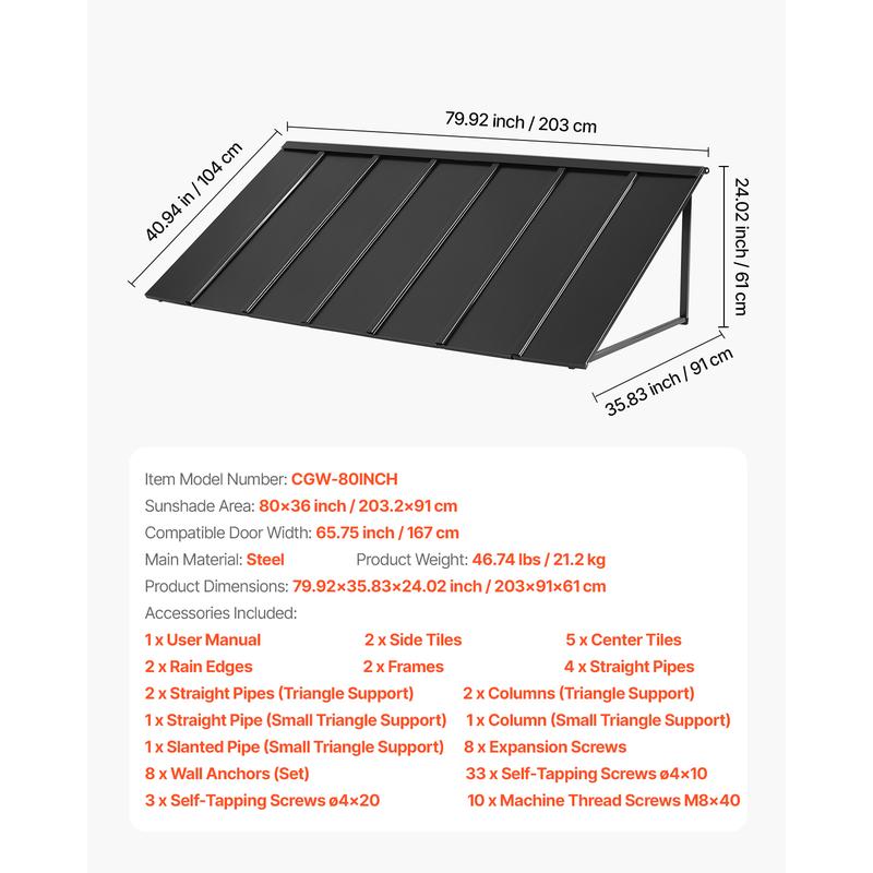 VEVOR Fixed Metal Awning 80 x 36 in,  Window Awning Door Canopy, Stable Triangle Steel Frame Exterior Awnings Rain, and Snow Sunlight Protection for Door Entrance, Windows, Porches, Balconies