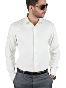 Slim Fit Off White Ivory Men's Spread Collar Dress Shirt Convertible Cuff Fitted AZARMAN