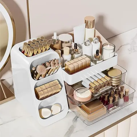 UFORU Desktop Makeup Organizer with 3-Tier Transparent Drawers Cream White ABS Plastic Waterproof Cosmetic Storage Box for Brushes Lipsticks & More