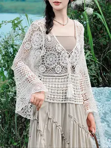 Women's Plain Crochet Open Front Sheer Crop Cover Up Sweater, Casual Hollow Out Ribbed Trim Long Sleeve Top for Summer, Fashion Women's Knitwear for Daily Wear