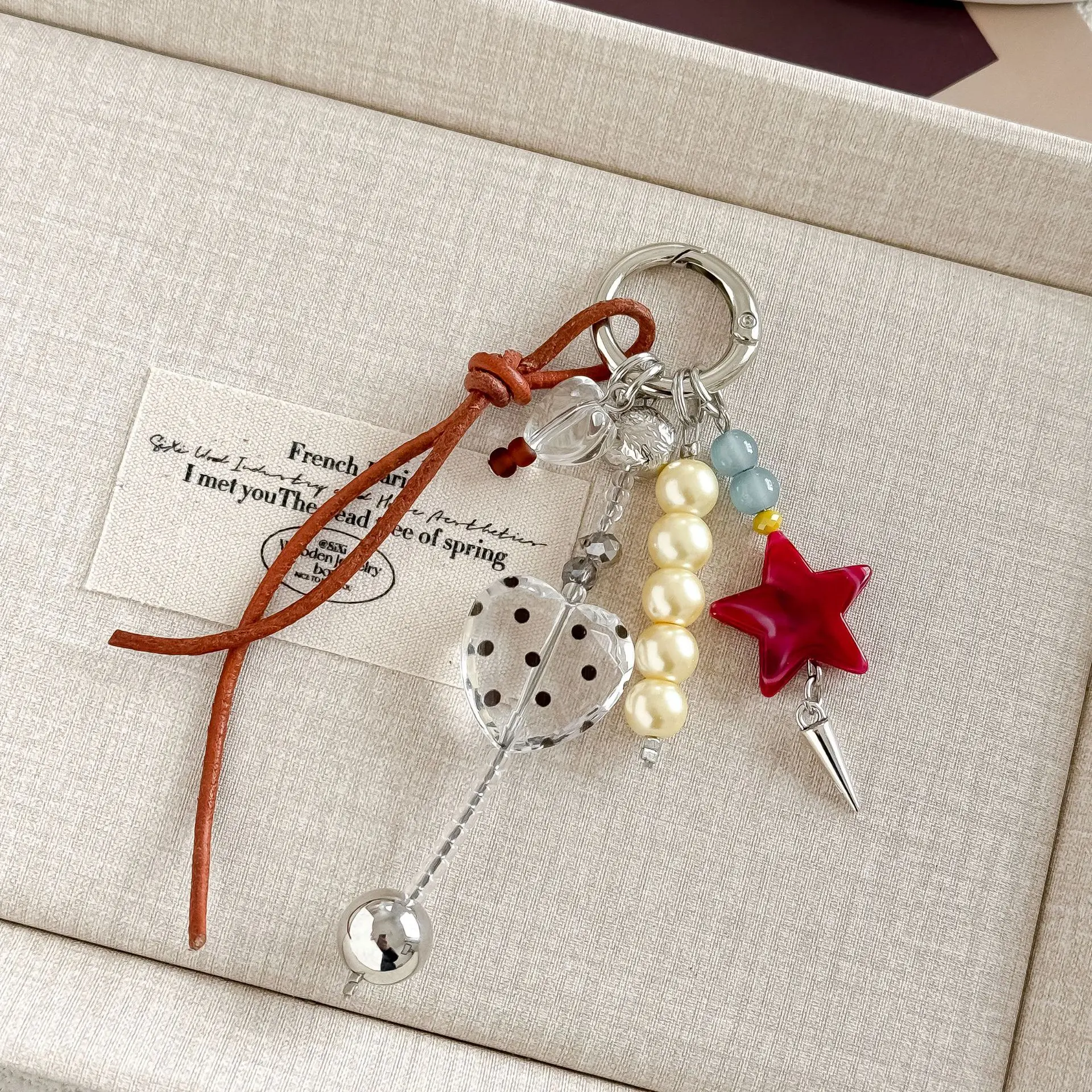 Vintage Hand Beaded Keychain Charm, Viral Polka Dot Heart Red Star Bag Pendant, Ins Aesthetic Multi Bead Leather Cord Key Ring, Unique Retro Accessory For Backpack Purse Car Keys Daily Decor & Small Gift