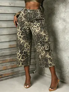 Women's Leopard Print 7/8 Wide Leg Pants, Casual High Rise, Non-Stretch High Waist Effect Cropped Cargo Trousers with Cargo Pockets, Retro Streetwear Loose Fit Capris, Casual Baggy Culottes for Daily & Night Out, Summer Bottoms, Womenswear