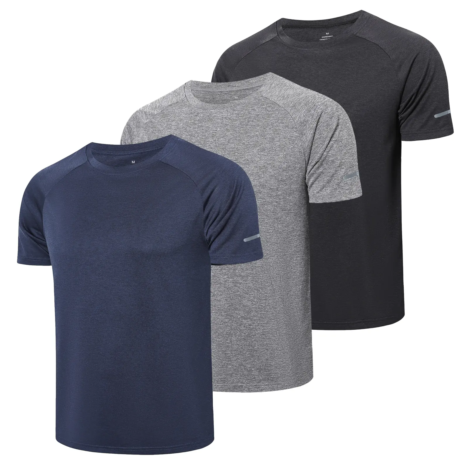 Tusi Men's 3-Pack Athletic T-Shirts, Short Sleeve Quick-Dry Crewneck Drop Shoulder Fitted Gym Wear, Breathable Moisture-Wicking Anti-Odour with Reflective Stripes for Jogging, All Seasons, Machine Washable, Cold Wash/Dry Clean Compatible