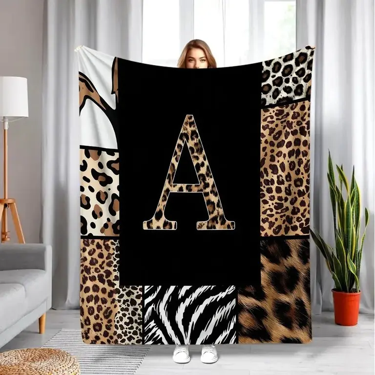 Cozy Animal Print Fleece Alphabet Throw Blanket - Leopard, Cheetah, Black, Brown, Wild, Ethnic, Boho Aesthetic Design for Adults' Living Room Couch, Bedding Decor