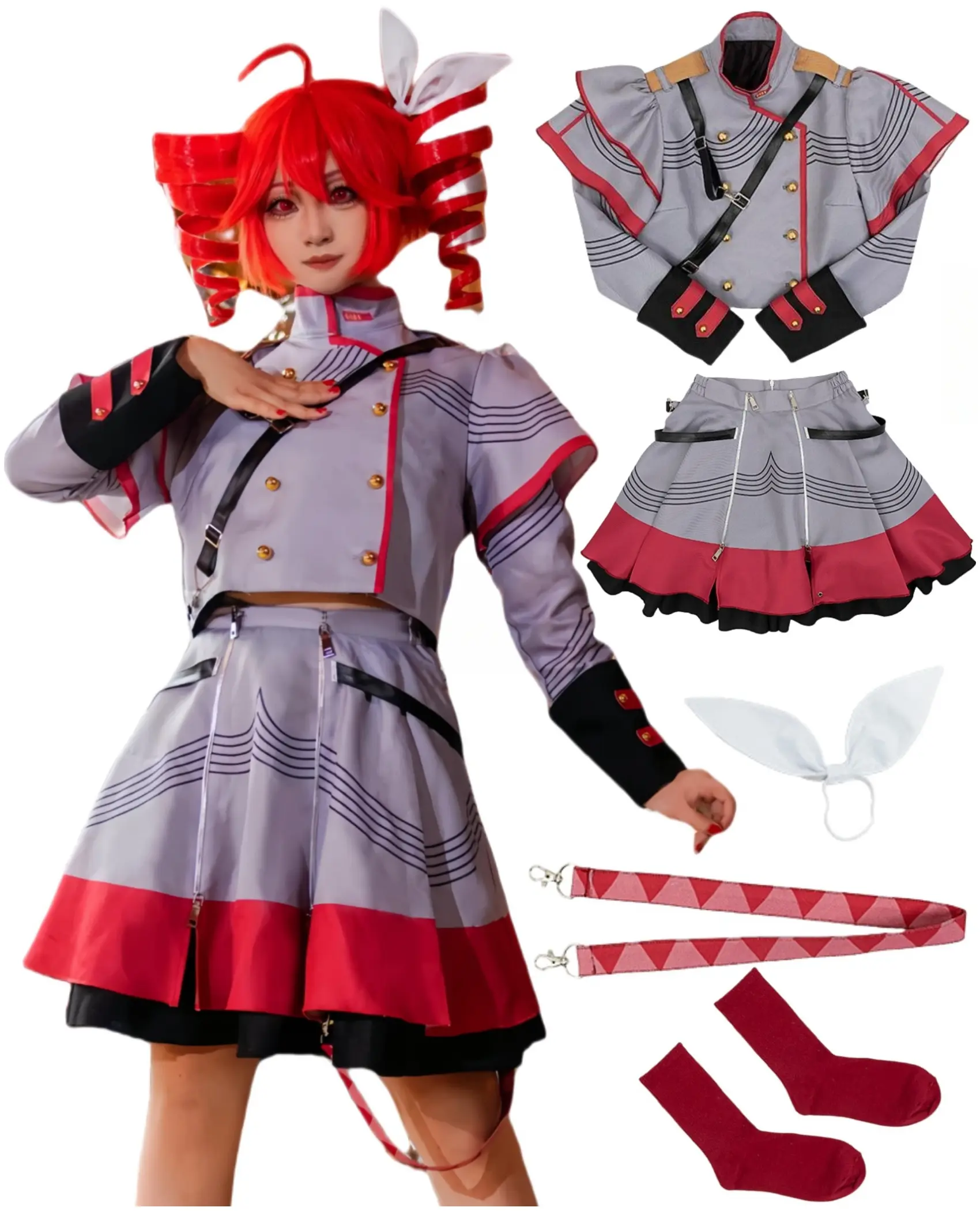 Women's Kasane Teto Vocaloid 0401 Cosplay Costume - Synthesizer Themed JK Uniform, 1*Top, 1*Skirt, Cool Halloween Costume for Holiday Events, Accessory Kit, All Seasons, Headband, Short Skirt, Polyester, Dress, School