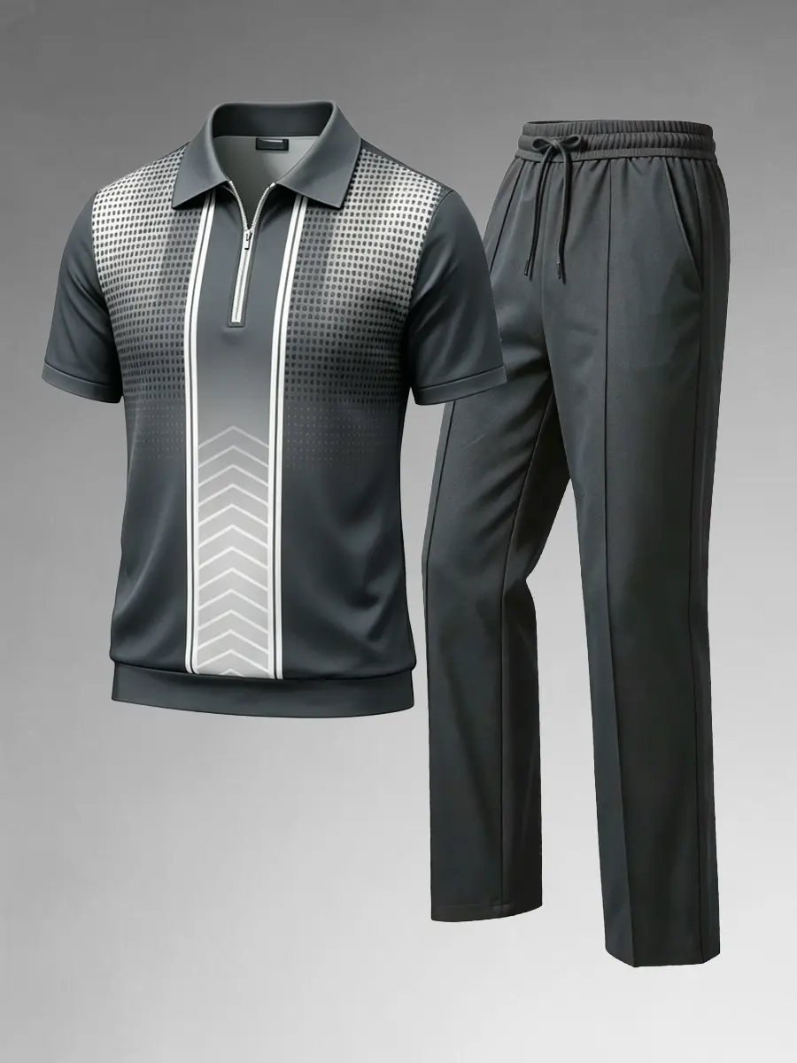 Men's 2-Piece Casual Sporty Chic Suit Set - Summer Short-Sleeved Striped Top with Semi-Open Placket Zipper, Versatile Outdoor Sports Pants, Machine Washable, Matching Set, Men's Wear, Men’s Clothes, Modern Man