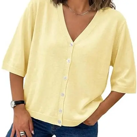 Imily Bela Womens Half Short Sleeve Cardigans Lightweight Knit V Neck Button Down Casual Sweater Tops