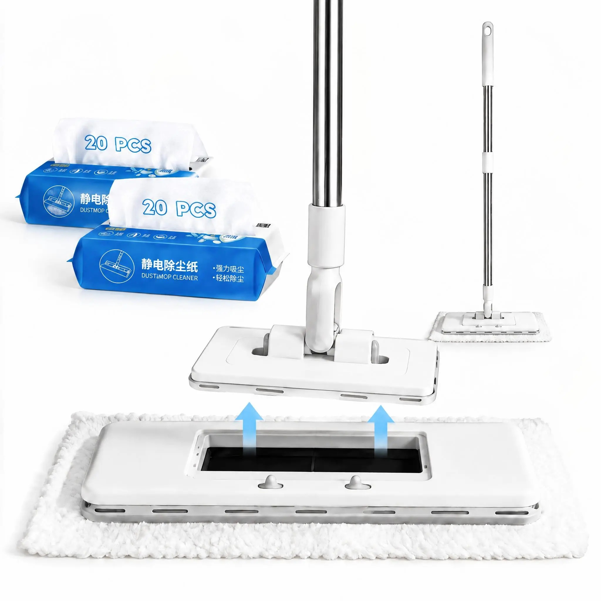 Hand-free Mop with 40 Pcs Dry Dusting Sheets, 2-Size Convertible Design, Detachable Full-Size Mop Head, No-Touch Cloth Changing, Wet & Dry Cleaning for Floors, Walls, Windows & Corners