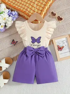 Girl's Dress Set, Summer Outfit for Kids, Delicate Purple Butterfly Dreamy Style, Sleeveless Top + Shorts Two-Piece Set, Purple Butterfly Print + Large Bow at Waist, Perfect Easter Gift for Children, Suitable for Daily Home or Outdoor Wear