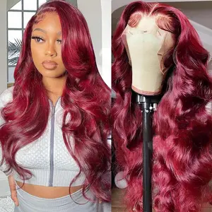 99j Burgundy 13x6 Lace Front Human Hair Wig Body Wave 13x6 30 Inch Red Colored Lace Frontal Wigs Brazilian For Women