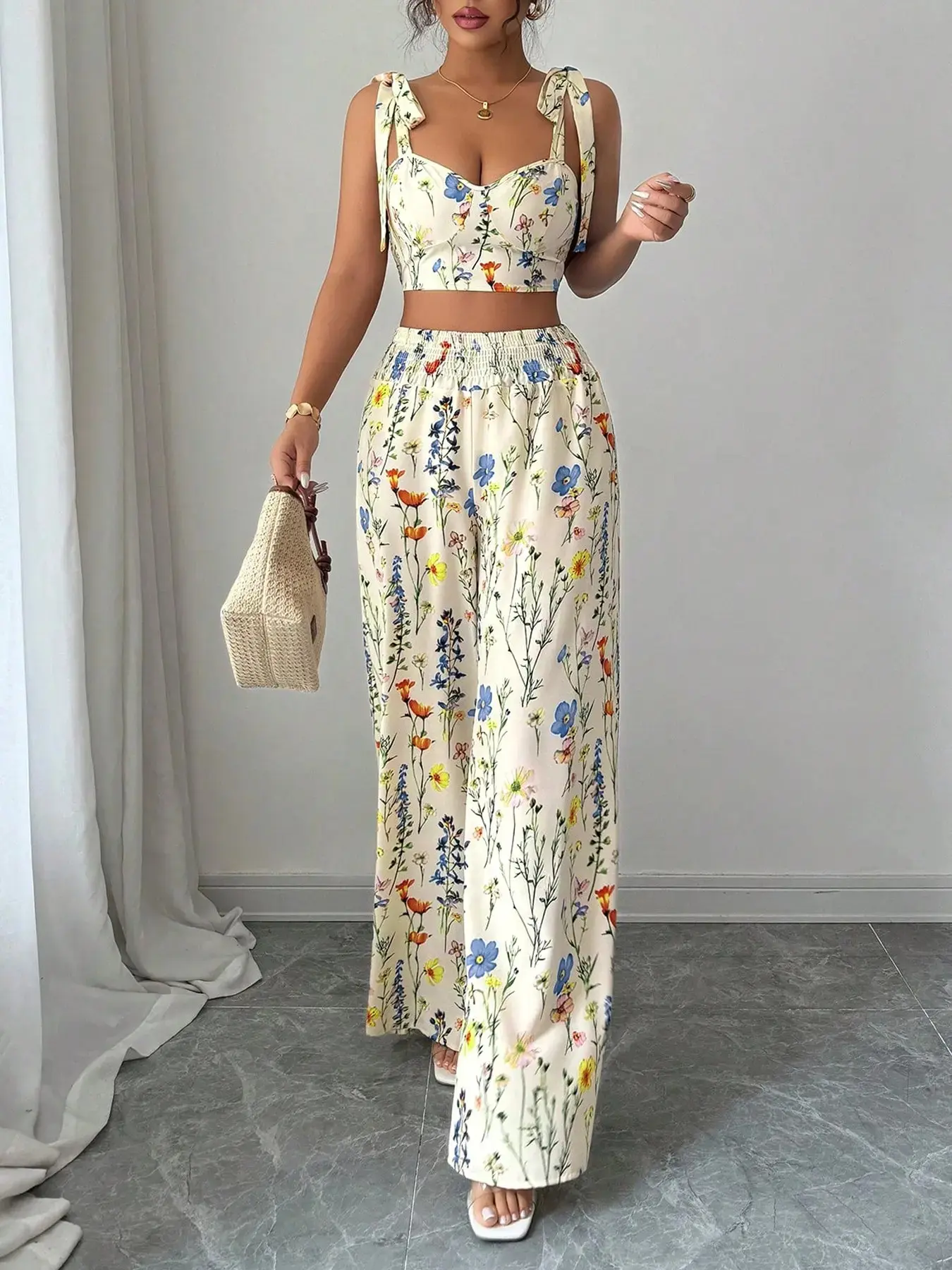 Cottagecore Floral Two Piece Set |   Sleeveless  Top + Flowy Wide Leg High Waist Pants Summer Vacation Outfit Clothes Womenswear
