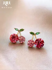Elegant Sweet Tiny Cherry Stud Earrings, Rhinestone Embellished, Unique Design, Perfect for Women Daily Commute, Festive Gatherings, Pretty Studs