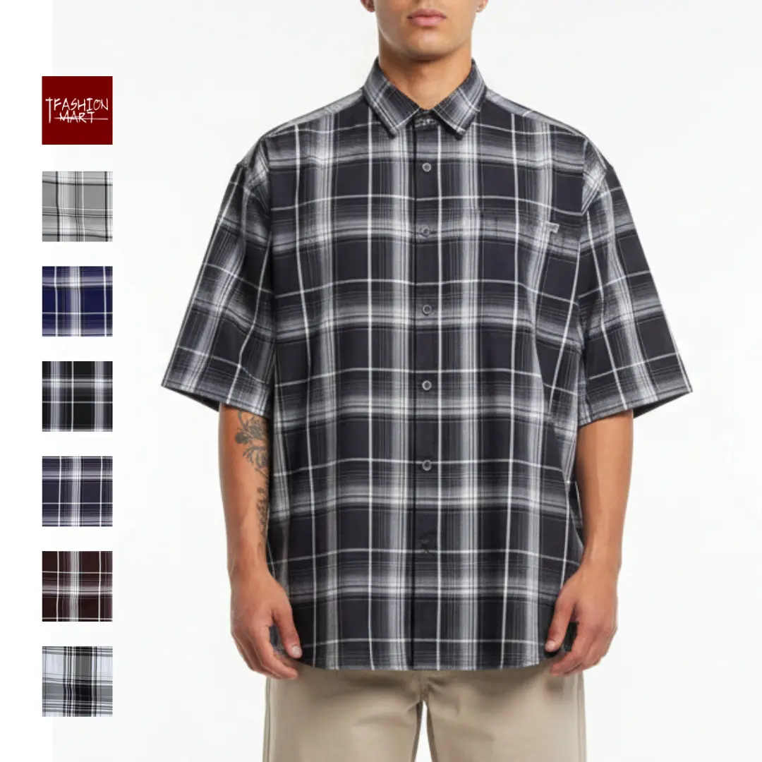 CALTOP Men's Stylish Plaid Short Sleeve Button-Up Shirt - Classic Vintage-Inspired Polyester Casual Party Top, Casual Party Shirt, Checked