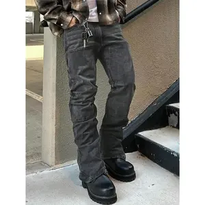 Retro washed black slim fit flared pants for men, American streetwearRAIMENTRY