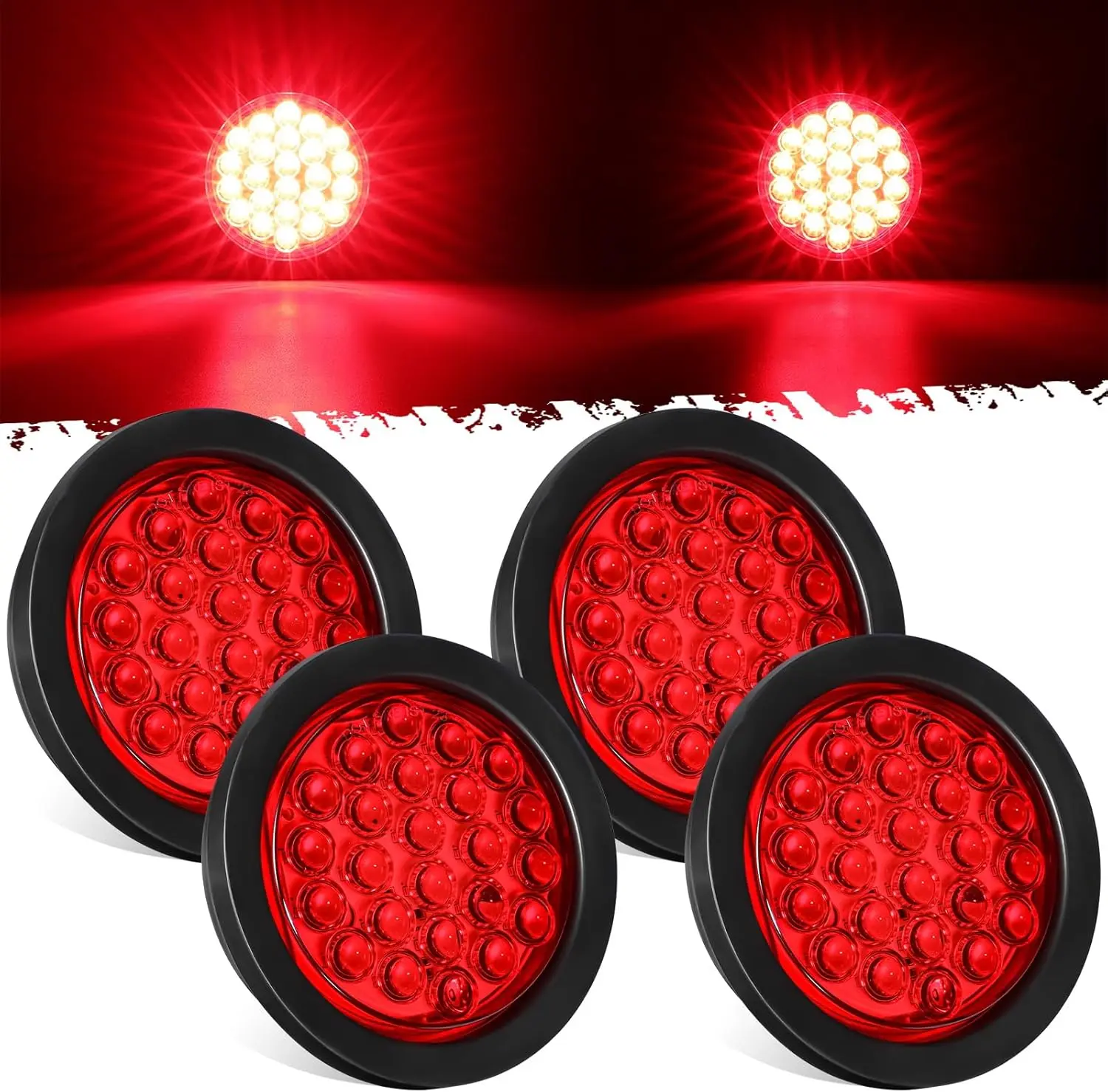 4Pcs 4 Inch Round Led Trailer Tail Lights, Red 24 LED Trailer Lights Waterproof, 4" Stop Turn Brake Led Tail Lights Sealed Flush Mount for Trucks RV Include Grommets 3-Prong Wire Plugs