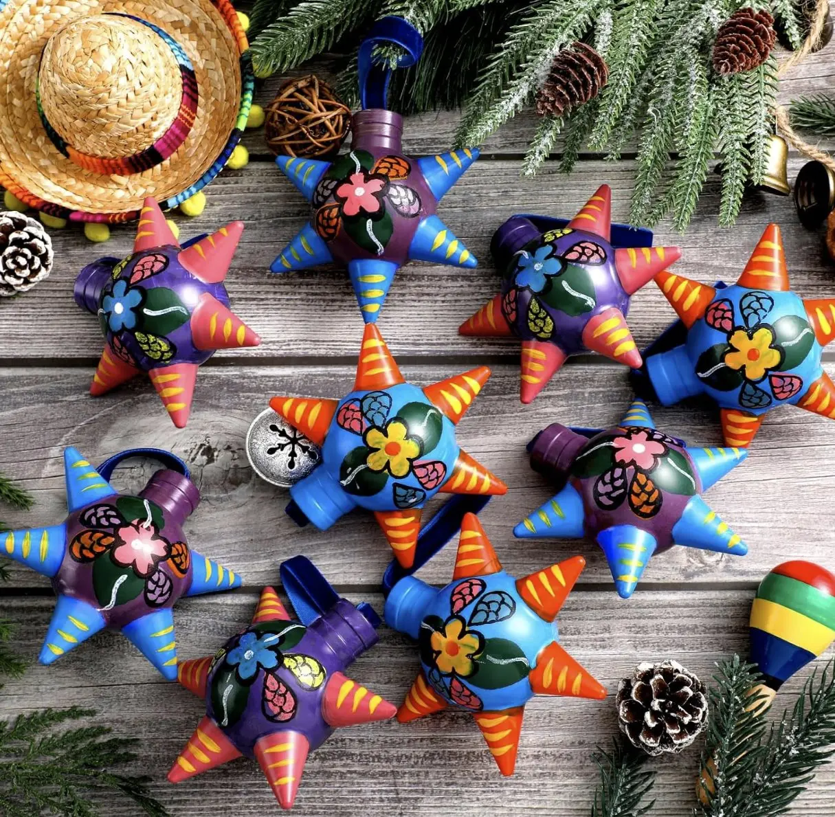 9 Pcs Pinata Talavera Mexican Christmas Ornaments Hand Painted Five Pointed Xmax Tree Ornament Plastic Mexican Crafts Decorations for Christmas Fiesta Party Crafts Home Decor