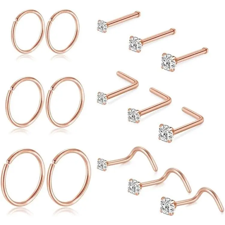 Titanium Nose Rings Hoops Studs 20G 15 count L Shaped Screw  Nose Studs 1.5mm 2mm 2.5mm Cubic Zirconia Small  Black  Nose Ring Studs  Nose Piercing  for Women Men