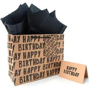 Birthday  Bag,  Paper Largr  Bag, Classic Black Lettering Design Happy Birthday Bag Set with Greeting Card, Tag, Envelope & Tissue Paper for Men, Boys,