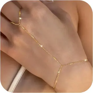 Gold Bracelets for Women, 14K Gold Plated Hand Chain Dainty Ring Bracelet Hand Chain Jewelry Gifts for Women