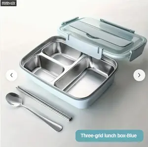 Insulated Multi-Compartment Bento Lunch Set - Three-Grid Lunch Box Blue with Spoon and Chopsticks