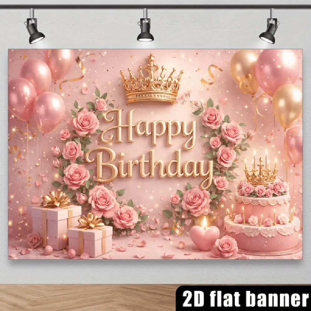 Luxury 2D Flat Polyester Birthday Party Backdrop, Pink Gradient Background with Light Spots, Heart-Shaped Accents, "Happy Birthday" Art Words, Crown, Pink & Champagne Balloon Bunch,summerwins