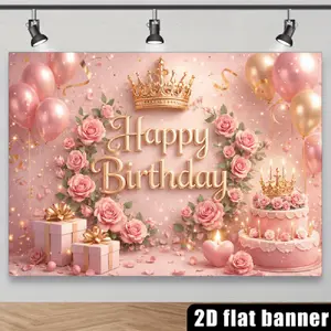 Summervibes 2D Flat Luxury Polyester Birthday Party Backdrop - Pink Gradient Background with Light Spots, Heart-Shaped Accents, "Happy Birthday" Art Words, Crown, Pink & Champagne Balloon Bunch
