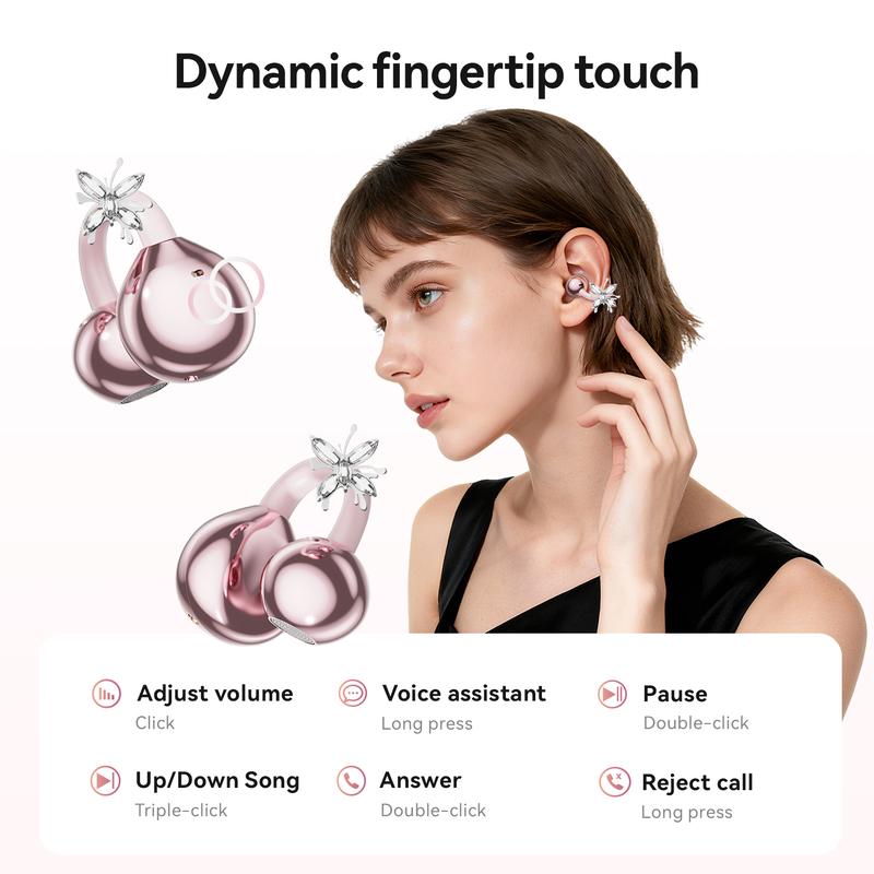CHENRUIDA Open Ear Bluetooth Earbuds with Bow Ear Jewelry, Makeup Mirror Jewelry Case, Wireless Ear Clip Headphones, Perfect for Workouts, Office, Travel and Fashion Lifestyle