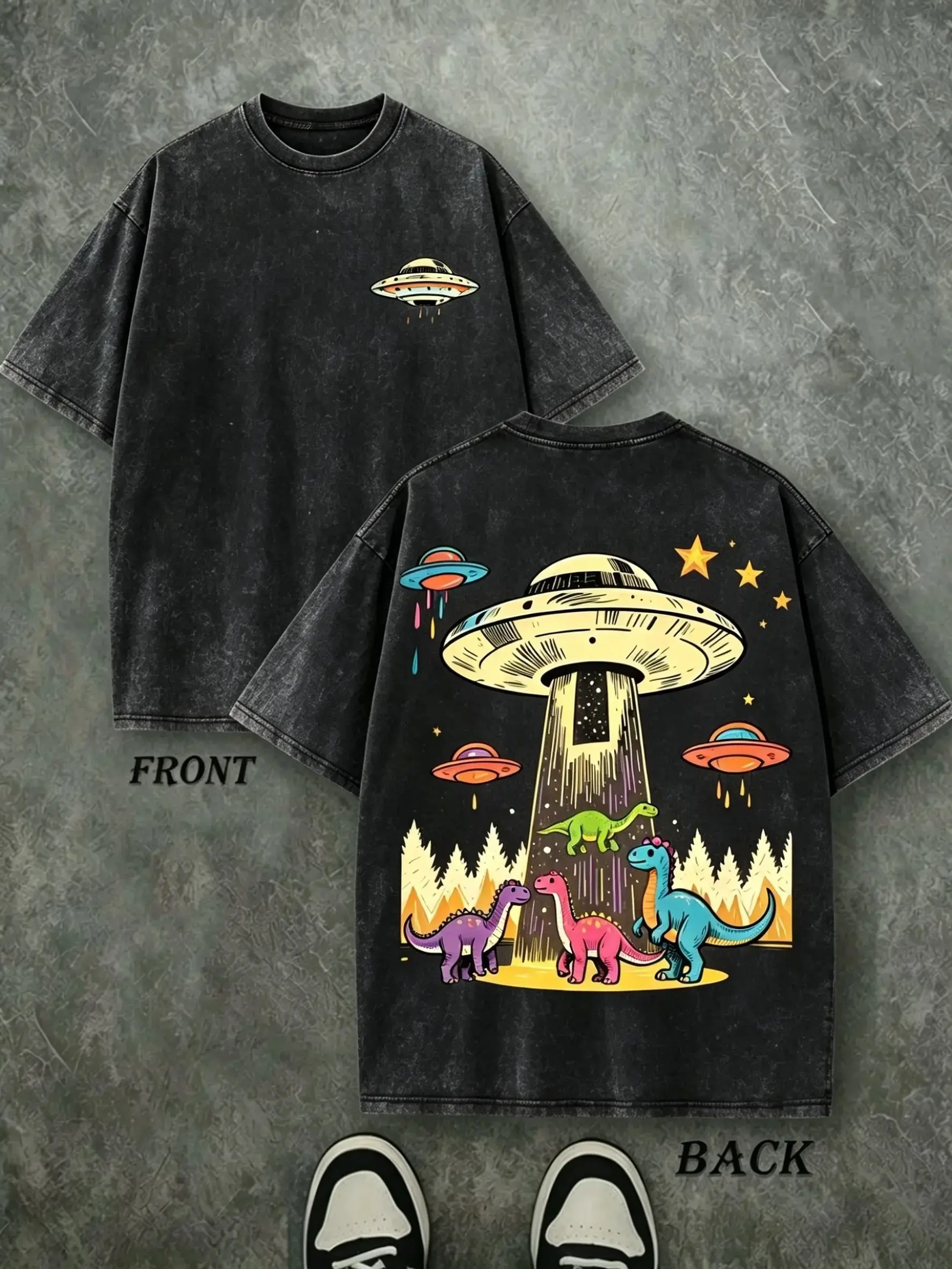 Vintage UFO Abducting Dinosaurs Front Back Double Print T-Shirt, Washed Black Oversized Cotton Crewneck Tee, Retro Alien Spaceship Dinosaur Forest Star Outer Space Funny Meme Streetwear Gift Top
