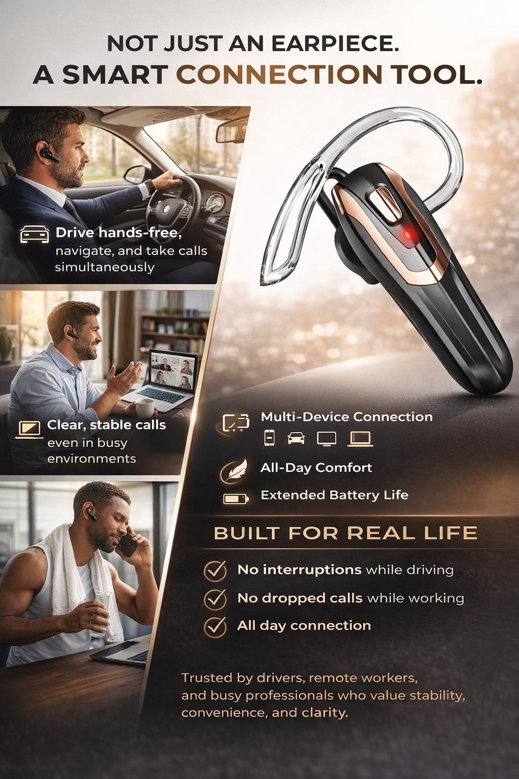 YUEYINOK Single-Ear Earphone, Bluetooth Earpiece, Hands Free Bluetooth Headset for Office, Remote Work & Daily Calls, Clear Calls, One-Touch Control, 38H Talk Time, hands free headset for work calls, bluetooth earpiece for office calls