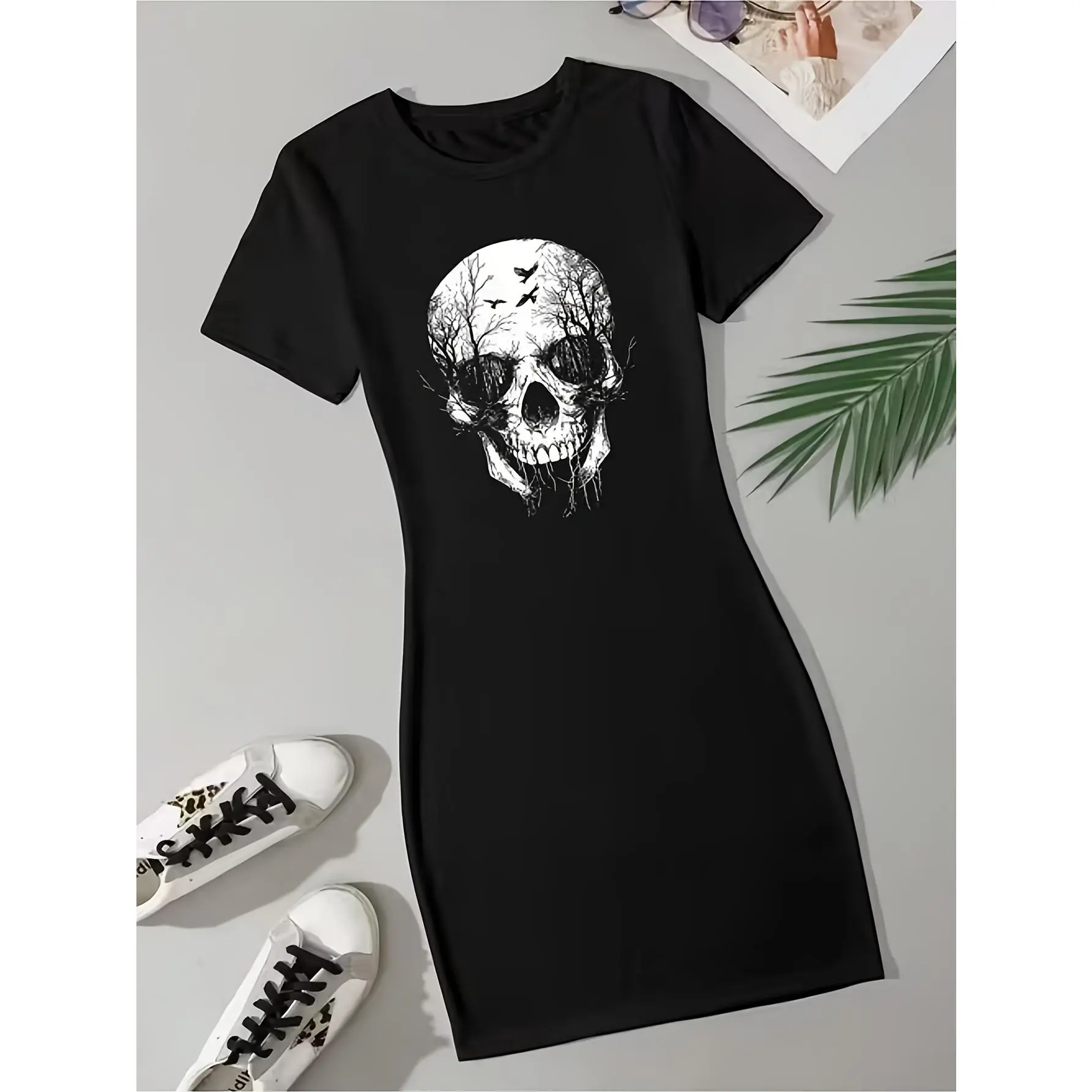 Women's Casual Cotton Breathable Skull Print Short-Sleeve Round Neck T-Shirt Dress - Ideal for Home, Going Out, Valentine's Day Style Occasions, Shortsleeve, Fabric, Casual Wear