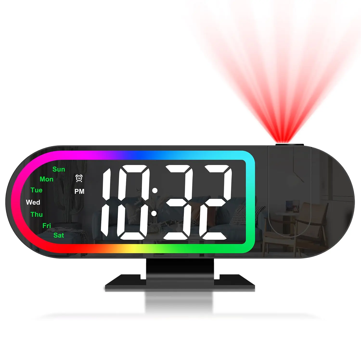 JXTZ Projection Alarm Clock for Bedroom Ceiling, 8.5" Large Display Alarm Clock with 180° Rotatable Projector, 4 Brightness, 17 Ambient Light, Temp & Weekday, Snooze, Digital Clocks for Home Decor