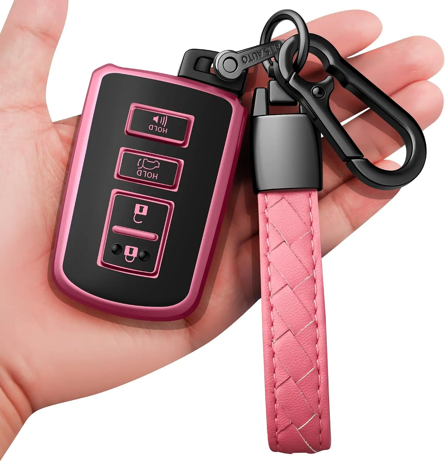 Key Fob Cover with Leather Keychain, Soft TPU Full Protection Key Case for Sequoia, 4Runner, , Tundra, RAV4, Camry, Avalon, Corolla Key Fob  (Pink)