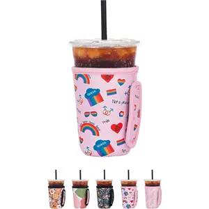 reusable Insulated Neoprene Iced Coffee Beverage Sleeves, Iced Coffee Kozie, Cold Drink Cup holder for  Cups like , Dunkin Donuts and More(LGBT Medium 22-28oz)