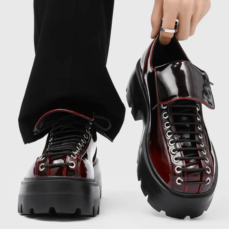 Men high glossy patent leather lace-up shoes, flip tongue multi metal eyelets thick rope lugs deep block serrated platform sole dark street height increase leather shoes for men