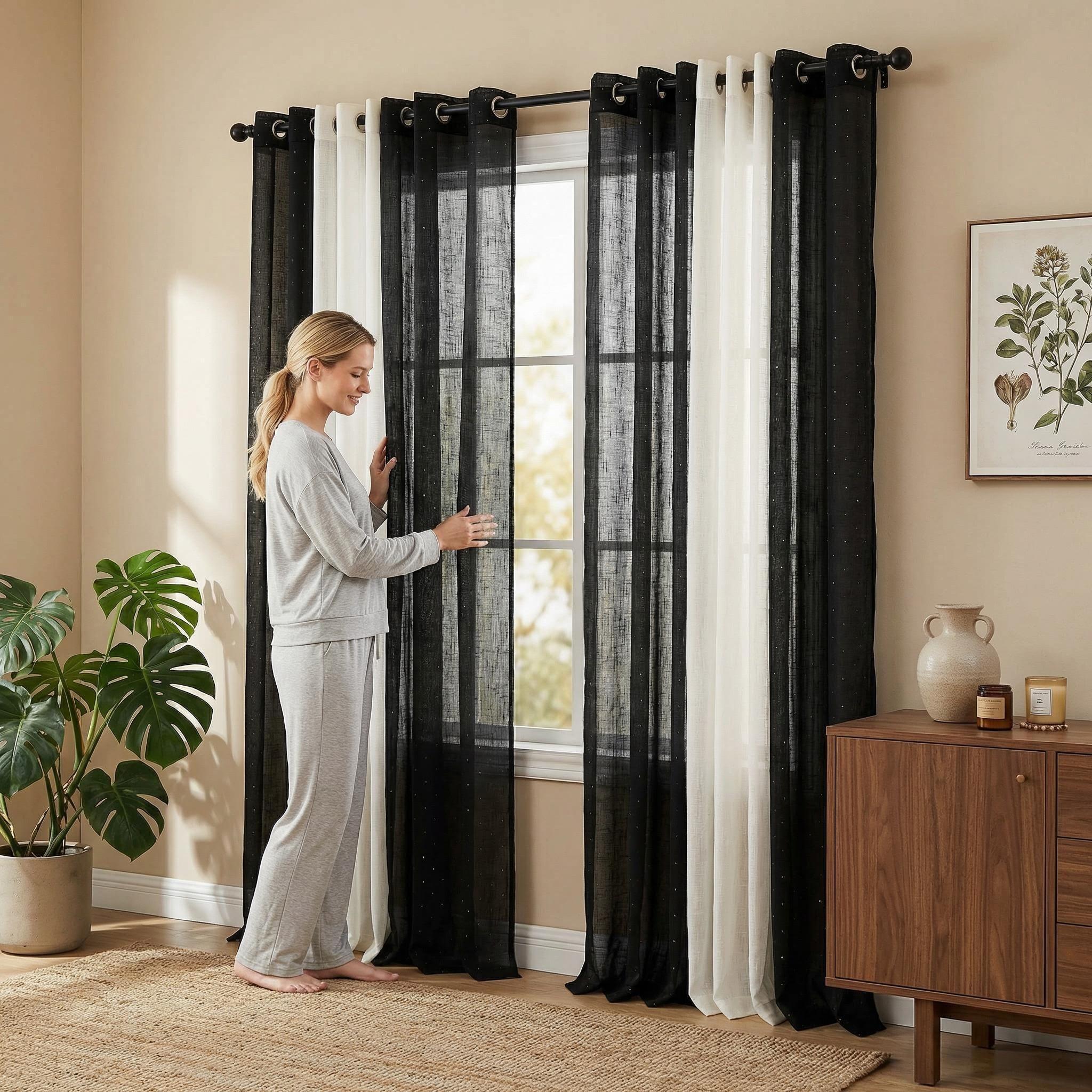 Curtain Club 8 Panels 34X84 Inch Diamond Beaded Twill + Full-Length Chiffon Curtain Set. Each style contains 4 pieces. All are plain chiffon fabric, translucent, with iron rings, woven, rod type, FT2930 + L12