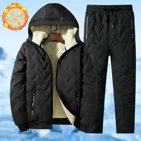 Men's 2-Piece Embossed Jacquard Hooded Clothing Set - Windproof Fleece-Lined Long Sleeve Jacket, Thick Straight-Leg Pants, Plain Warm Cold-Resistant for Winter Outings, City Commuting, Long Sleeve Tops, Men's Clothing