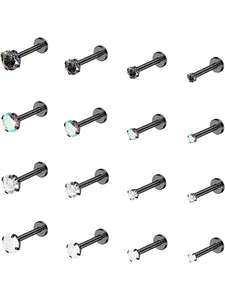 Cool 16 Pcs Black Exquisite Stud Earrings 16G Monroe Lip Rings Surgical Steel Ear Studs for Women Men Trendy Helix Tragus Nail Medusa Labret Piercing Jewelry CZ Opal Cartilage Earring Studs Set Side Labret Jewelry