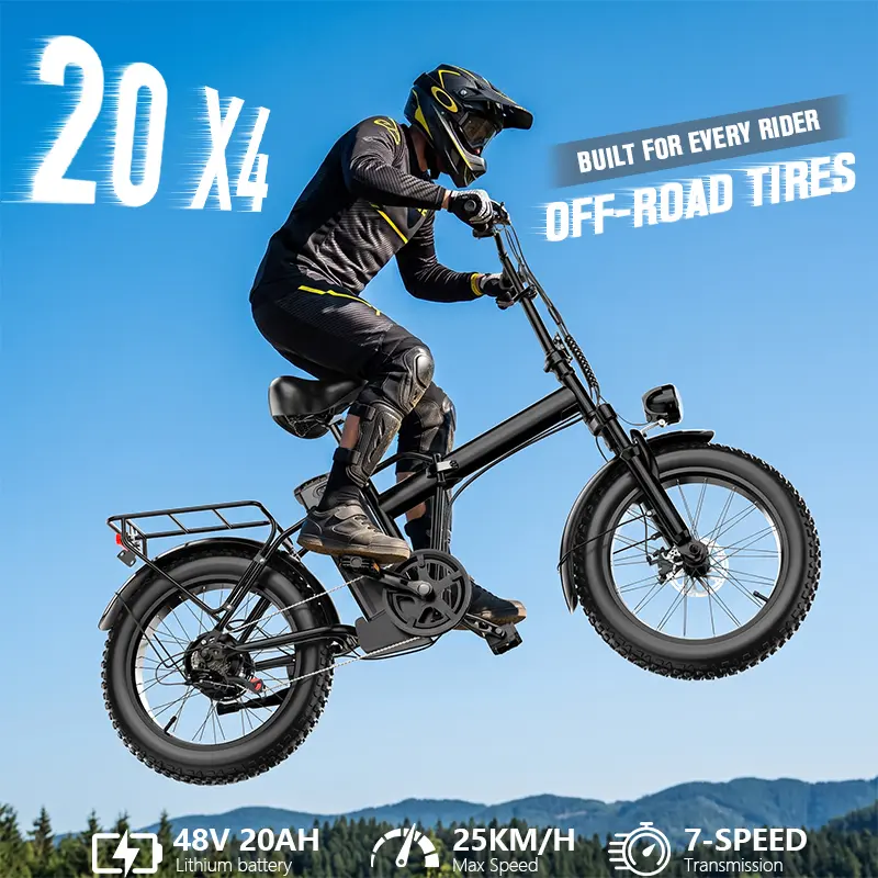 Youth Compact Foldable Electric Bicycle - High-Carbon Steel Structure, Full Suspension System, 48V 20A-25A Battery, 20-Inch All-Terrain Tires, Off-Road Capable, Compact Folding Bikes