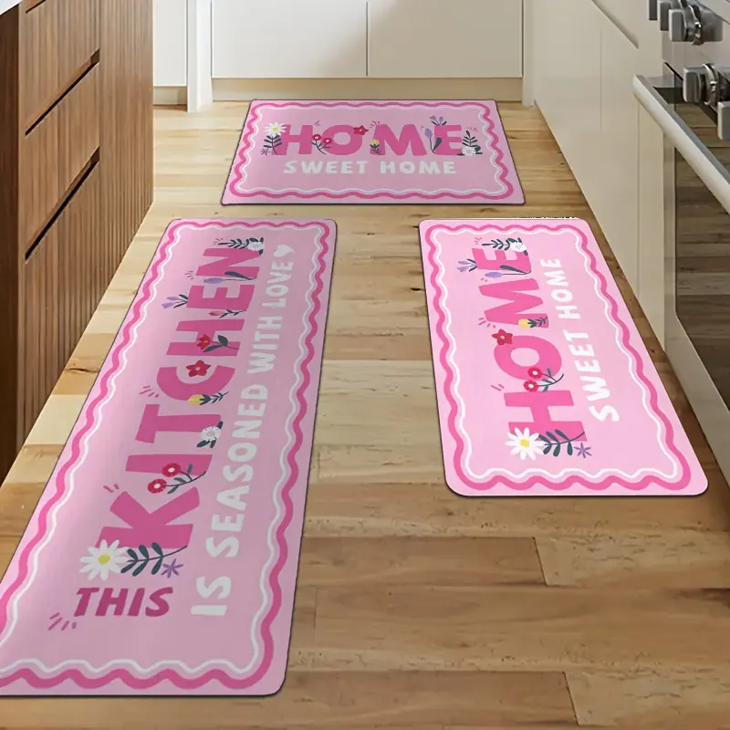 2/3pcs Modern Kitchen Mats, Flannel Material, Pink Cozy Floral Decorative Pattern, Indoor Outdoor Use, Hallway Balcony, Kitchen Rug, Bathroom Mat, Laundry Room Carpet, Entrance Door Mat, Home Carpet, Hallway Laundry Room Kitchen Mat