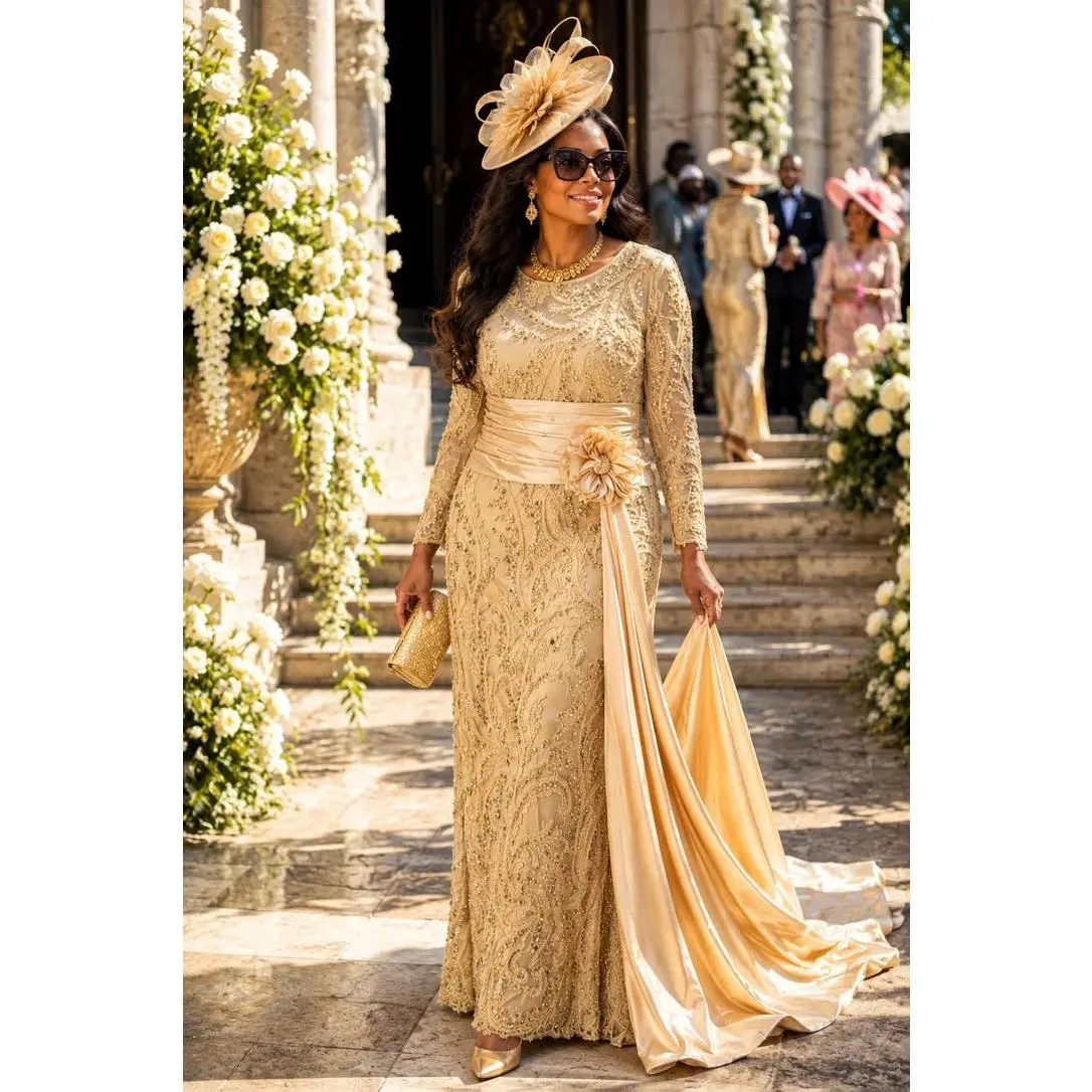 Glamorous Gold Embellished Draped Maxi Dress for Mother of The Bride Wedding Guest Birthday Photoshoot Cocktail Party