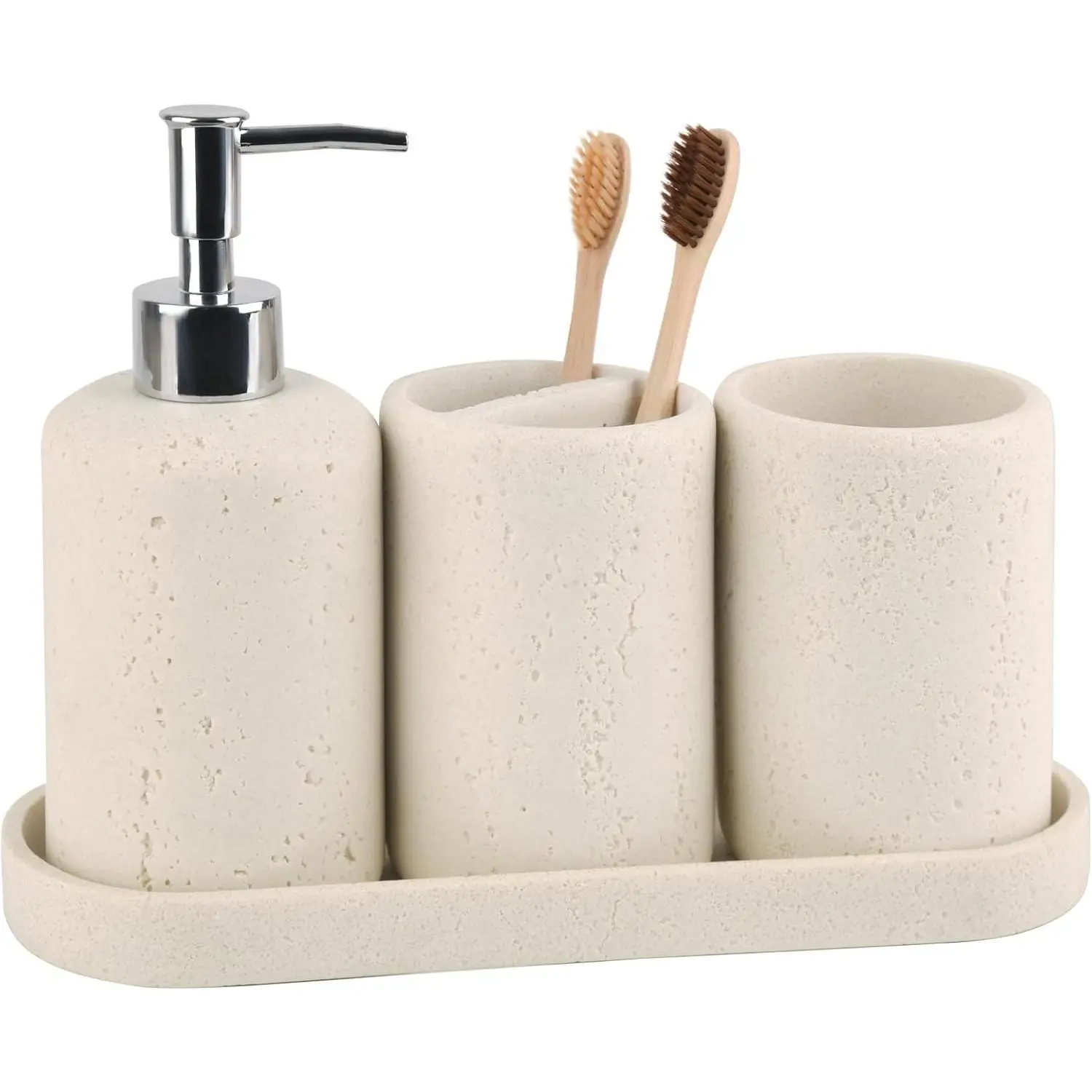 Bathroom Accessories Set,4 Piece Travertine Stone Look Bathroom Accessory Set with Soap Dispenser,Toothbrush Holder,Vanity Tray,Tumbler,Bathroom Organizer for Modern Bathrooms（Light Cream）